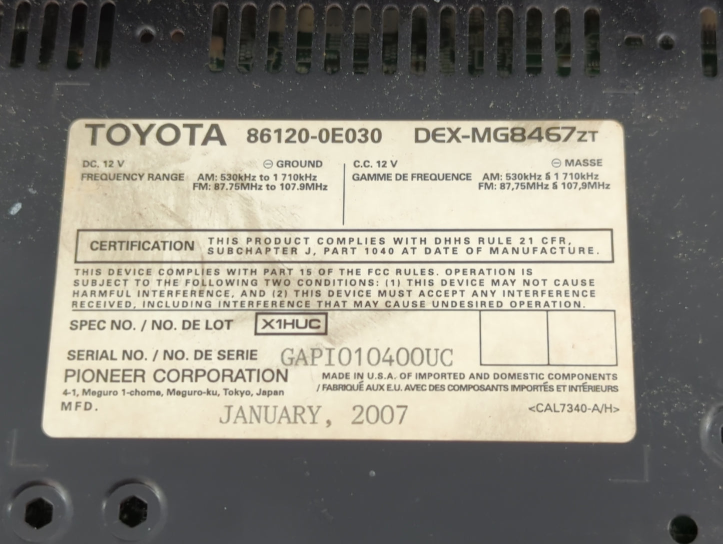 2007-2009 Lexus Rx350 Radio AM FM Cd Player Receiver Replacement P/N:86120-0E030 Fits Fits 2006 2007 2008 2009 OEM Used Auto