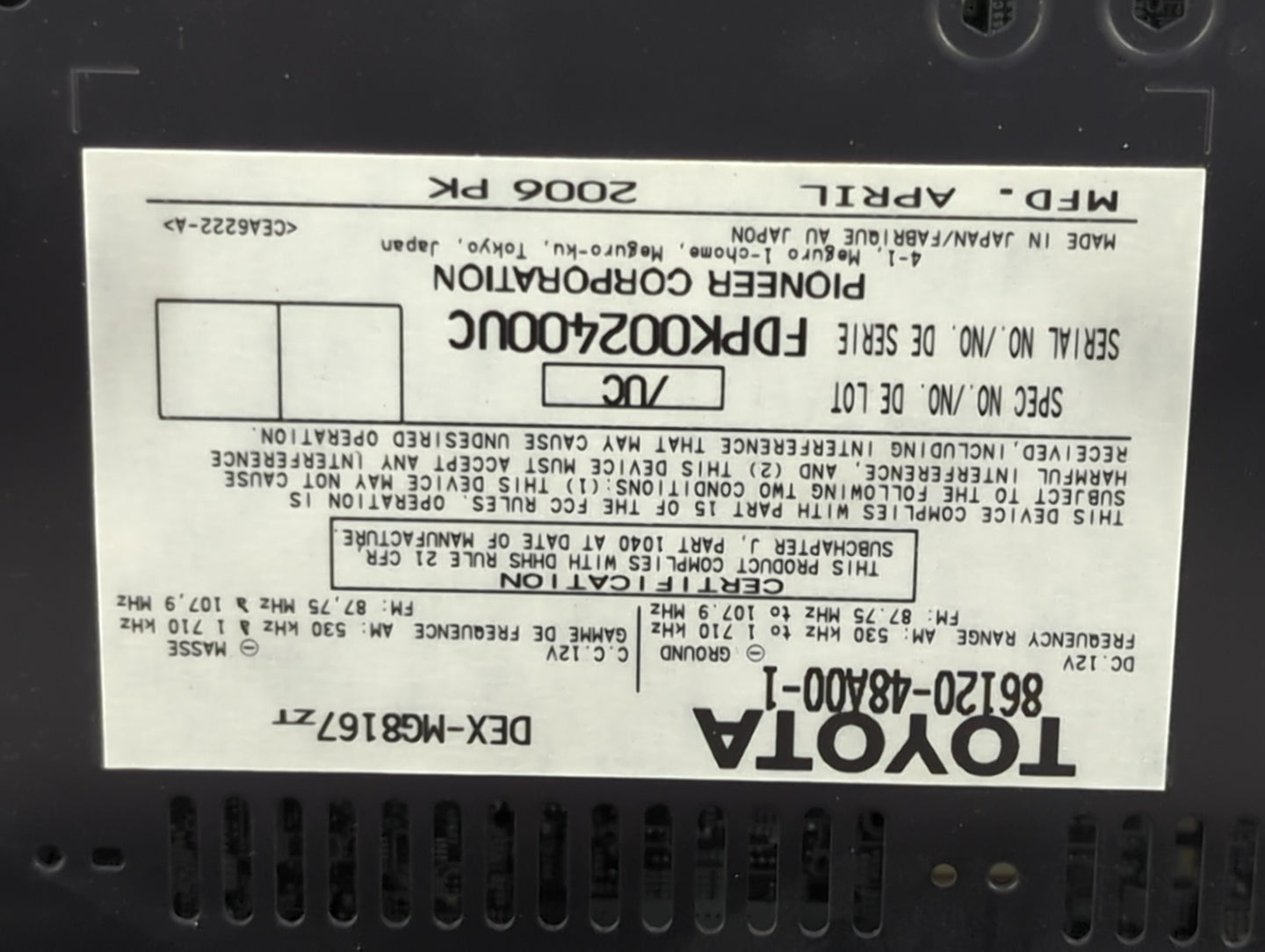 2007-2009 Lexus Rx350 Radio AM FM Cd Player Receiver Replacement P/N:86120-48A00-1 DEX-MG8167ZT Fits Fits 2006 2007 2008 200
