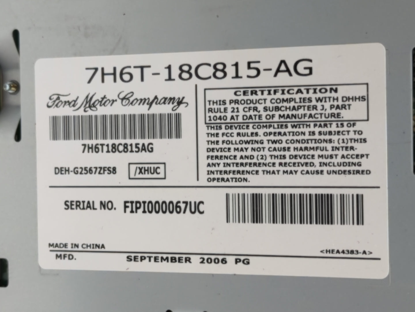2007 Lincoln Mkz Radio AM FM Cd Player Receiver Replacement P/N:7H6T18C815AG 7H6T-18C815-AG, DEH-MG2567ZF Fits OEM Used Auto