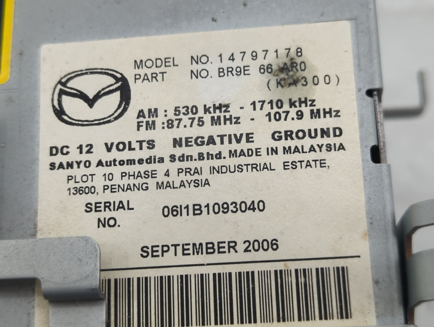2007 Mazda 3 Radio AM FM Cd Player Receiver Replacement P/N:14797178 BR9E66AR0 Fits OEM Used Auto Parts - Oemusedautoparts1.