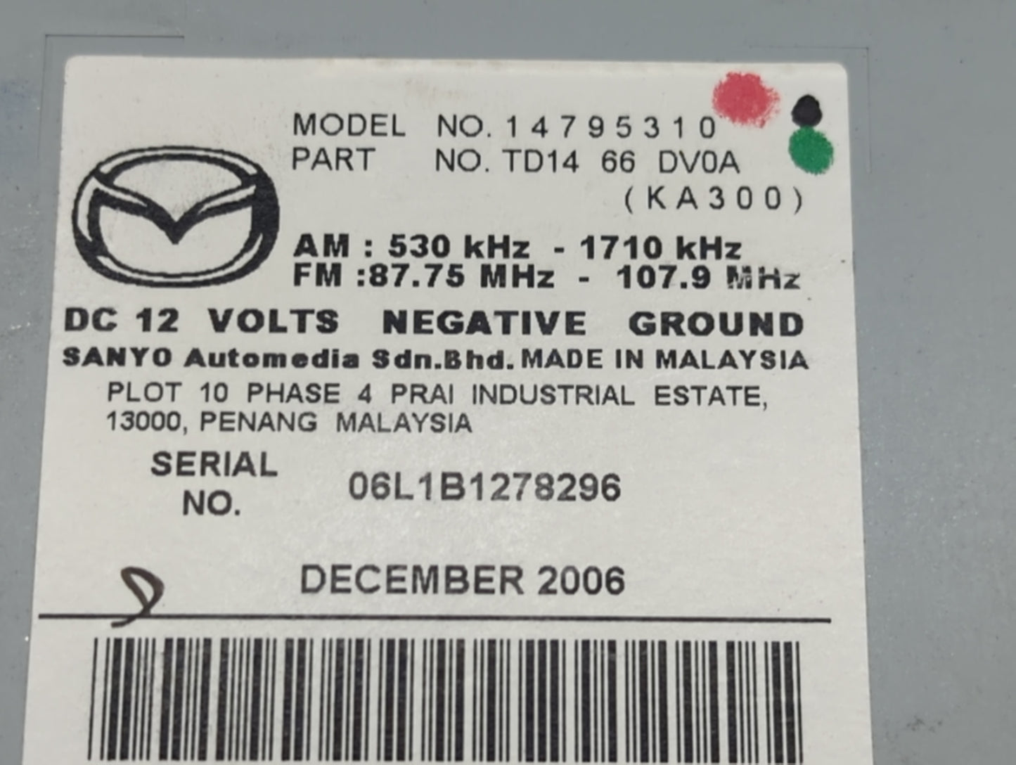 2007-2008 Mazda Cx-9 Radio AM FM Cd Player Receiver Replacement P/N:TD14 66 DV0A Fits Fits 2007 2008 OEM Used Auto Parts - O