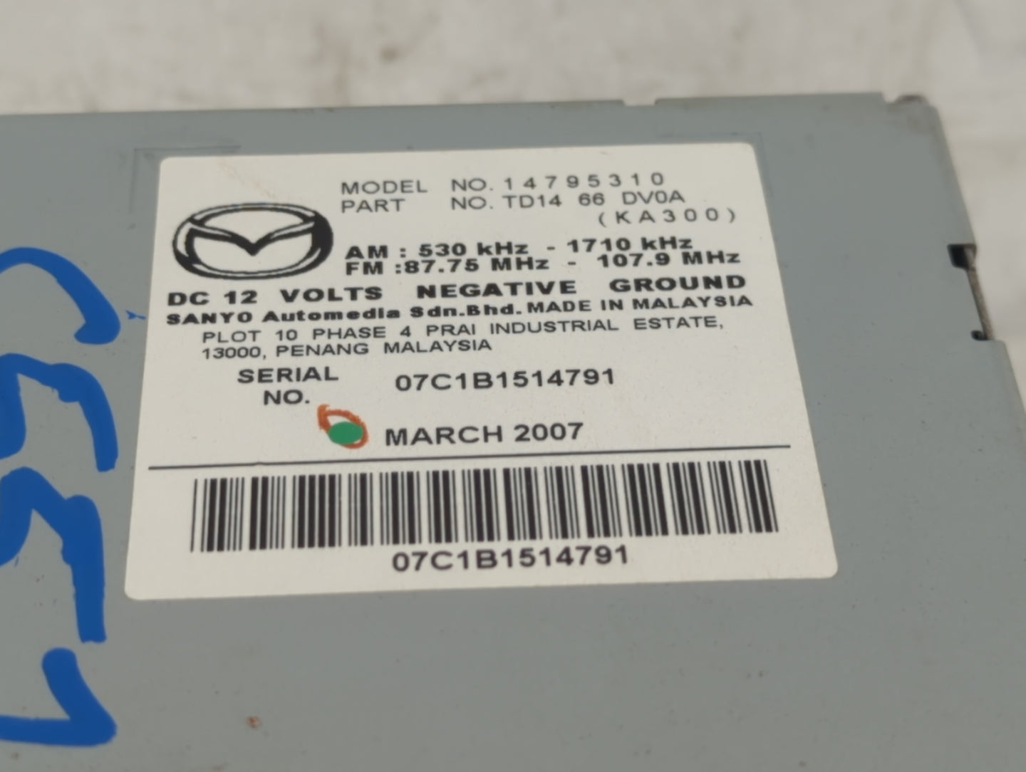 2007-2008 Mazda Cx-9 Radio AM FM Cd Player Receiver Replacement P/N:14795310 TD14 66 DV0A Fits Fits 2007 2008 OEM Used Auto 