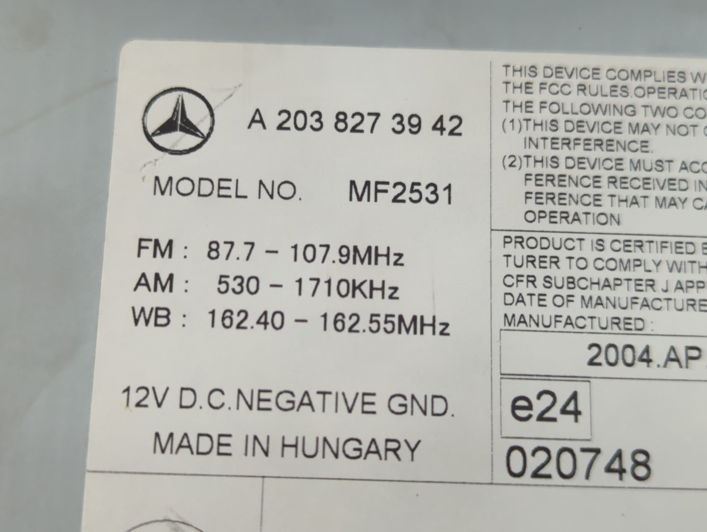 2007 Mercedes-Benz C300 Radio AM FM Cd Player Receiver Replacement P/N:A 203 827 39 42 Fits Fits 2003 2004 2005 2006 OEM Use
