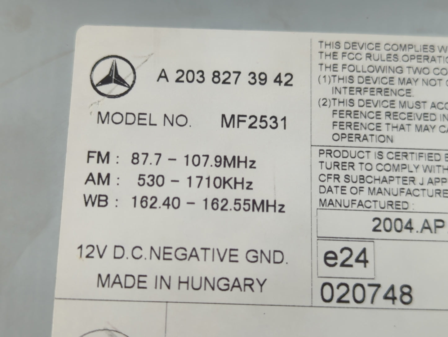 2007 Mercedes-Benz C300 Radio AM FM Cd Player Receiver Replacement P/N:A 203 827 39 42 Fits Fits 2003 2004 2005 2006 OEM Use