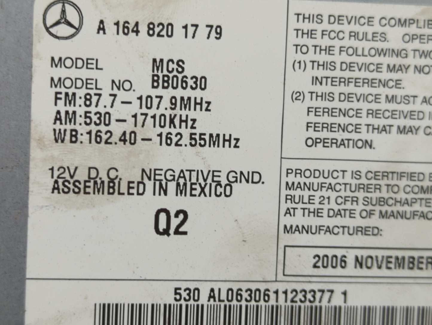 2007 Mercedes-Benz Gl-Class Radio AM FM Cd Player Receiver Replacement P/N:A1648201779 BB0630 Fits Fits 2006 2008 OEM Used A