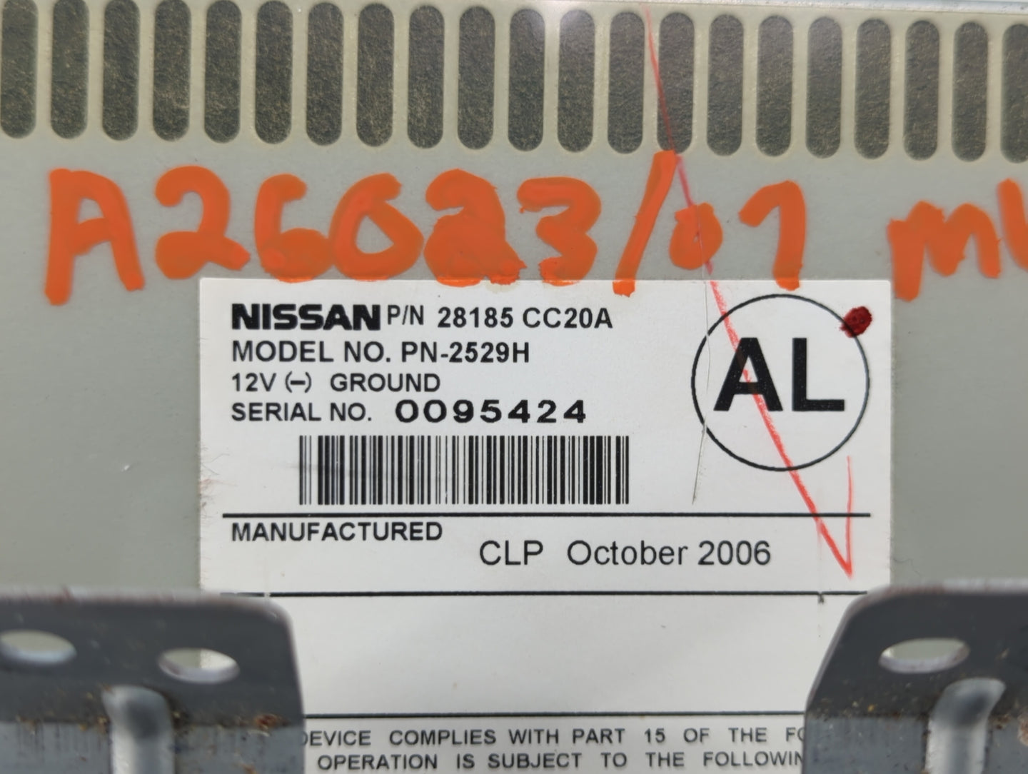 2007 Nissan Murano Radio AM FM Cd Player Receiver Replacement P/N:28185 CC20A Fits Fits 2010 2011 2012 OEM Used Auto Parts -