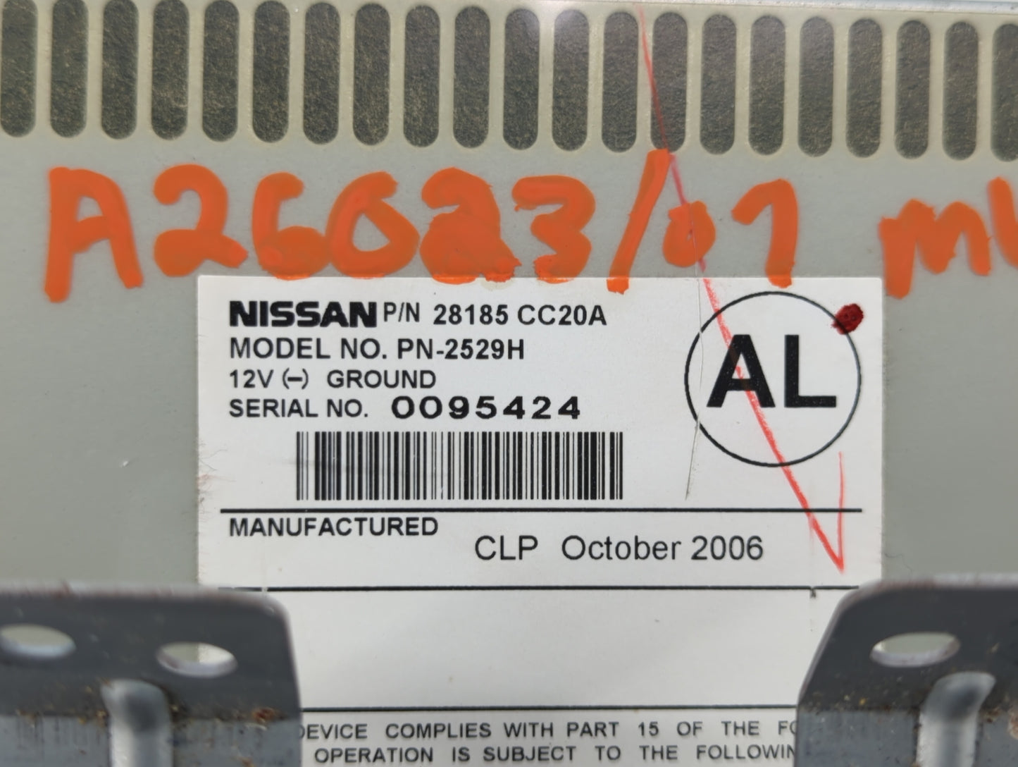 2007 Nissan Murano Radio AM FM Cd Player Receiver Replacement P/N:28185 CC20A Fits Fits 2010 2011 2012 OEM Used Auto Parts -
