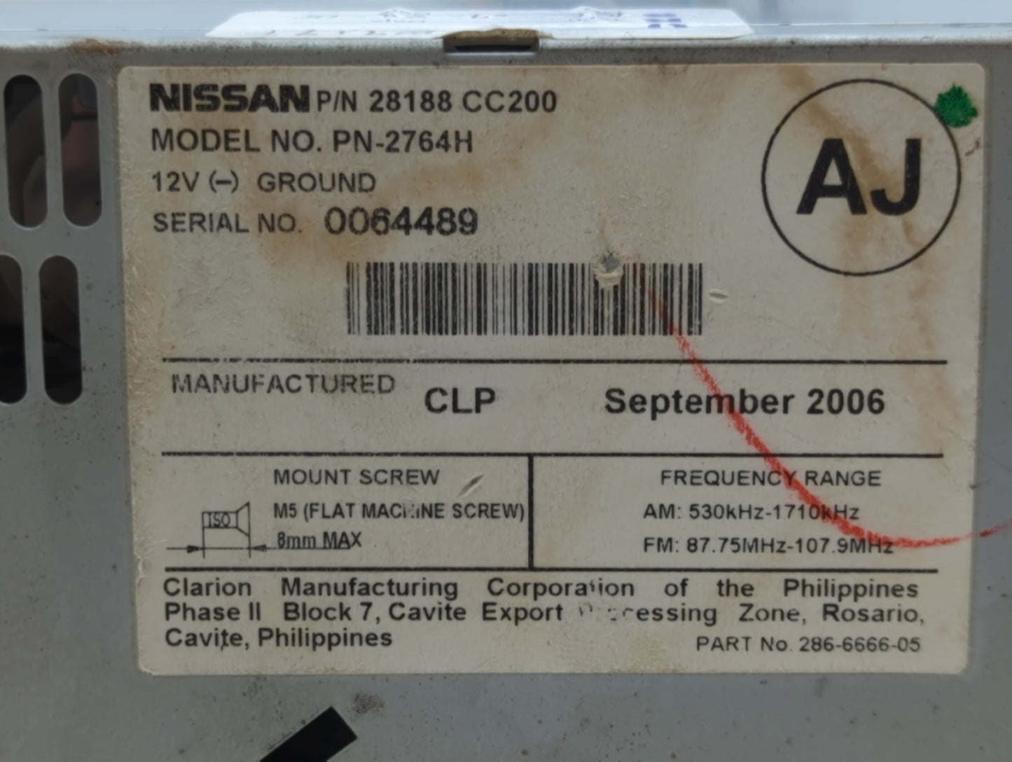 2006-2007 Nissan Murano Radio AM FM Cd Player Receiver Replacement P/N:28188 CC200 Fits Fits 2006 2007 OEM Used Auto Parts -