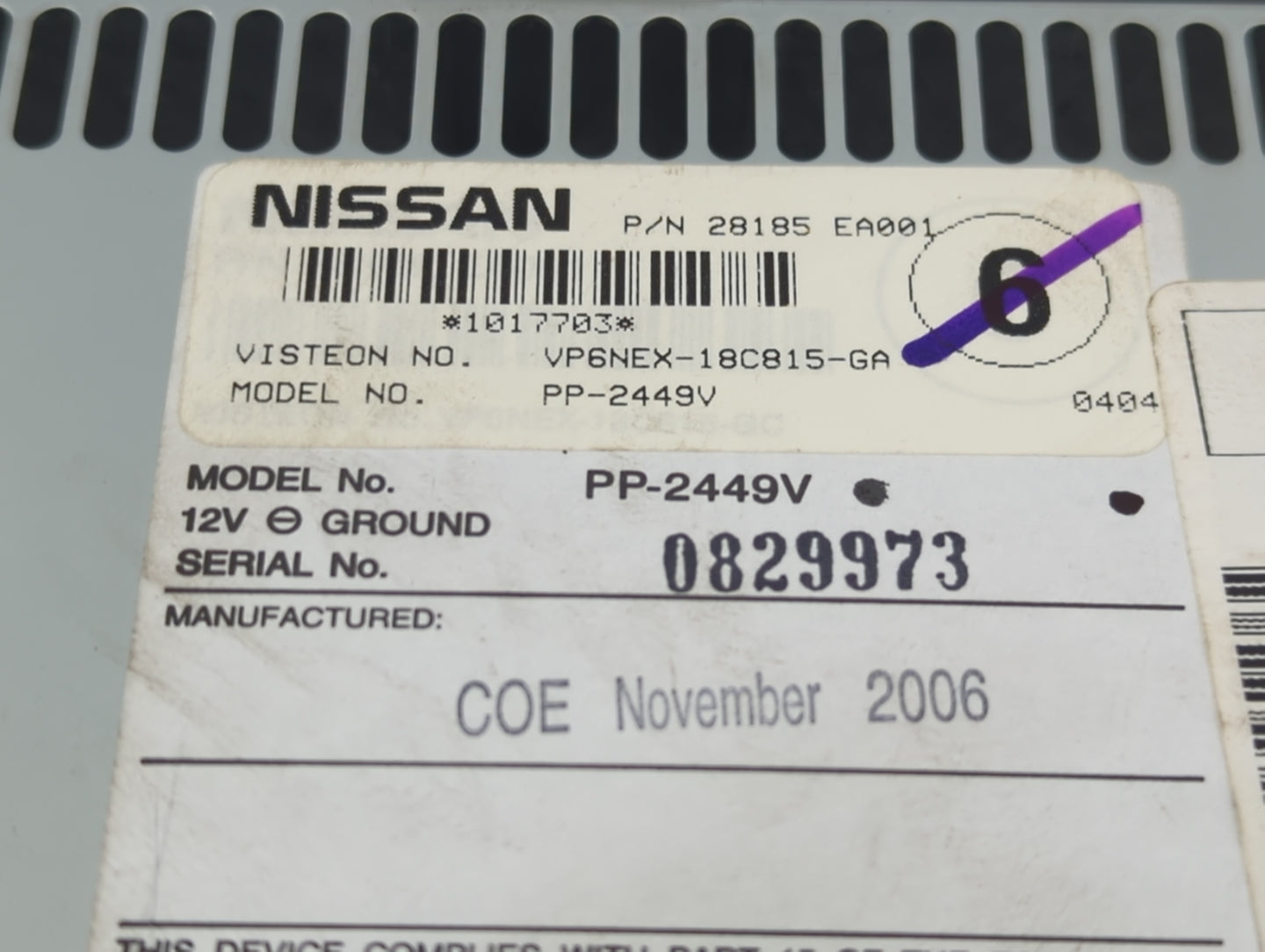 2007 Nissan Pulsar Radio AM FM Cd Player Receiver Replacement P/N:28185 EA001 Fits Fits 2005 2006 2008 OEM Used Auto Parts -