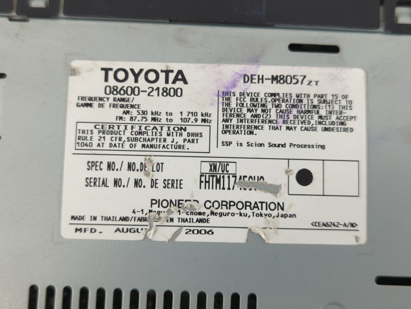 2006-2007 Scion Tc Radio AM FM Cd Player Receiver Replacement P/N:08600-21800 Fits Fits 2006 2007 OEM Used Auto Parts - Oemu