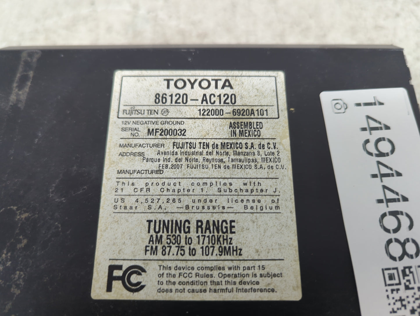 2007 Toyota Avalon Radio AM FM Cd Player Receiver Replacement P/N:86120-AC120 122000-6920A101 Fits OEM Used Auto Parts - Oem
