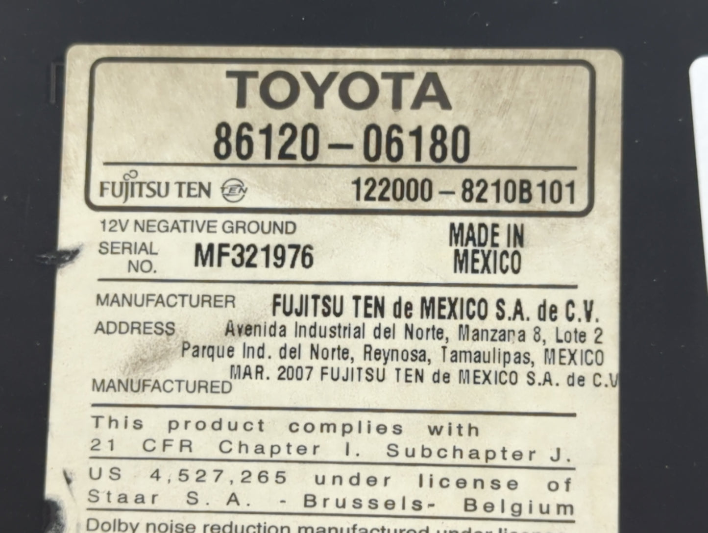 2007-2009 Toyota Camry Radio AM FM Cd Player Receiver Replacement P/N:86120-06180 Fits Fits 2007 2008 2009 OEM Used Auto Par