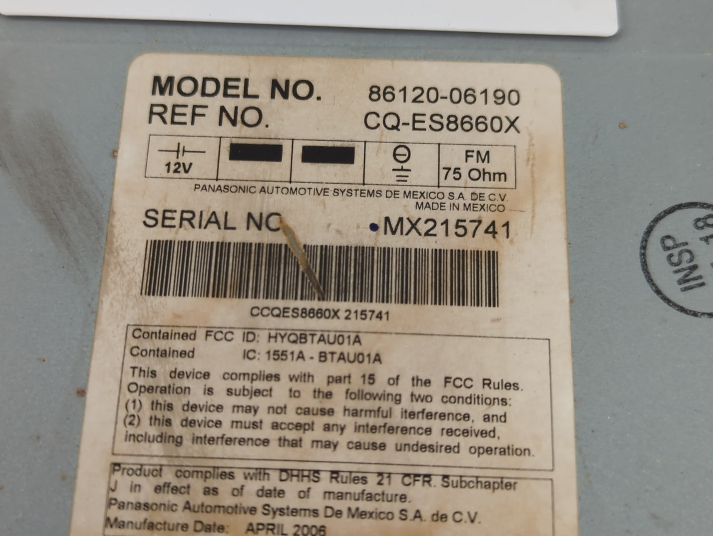 2007 Toyota Camry Radio AM FM Cd Player Receiver Replacement P/N:86120-06190 Fits OEM Used Auto Parts - Oemusedautoparts1.co