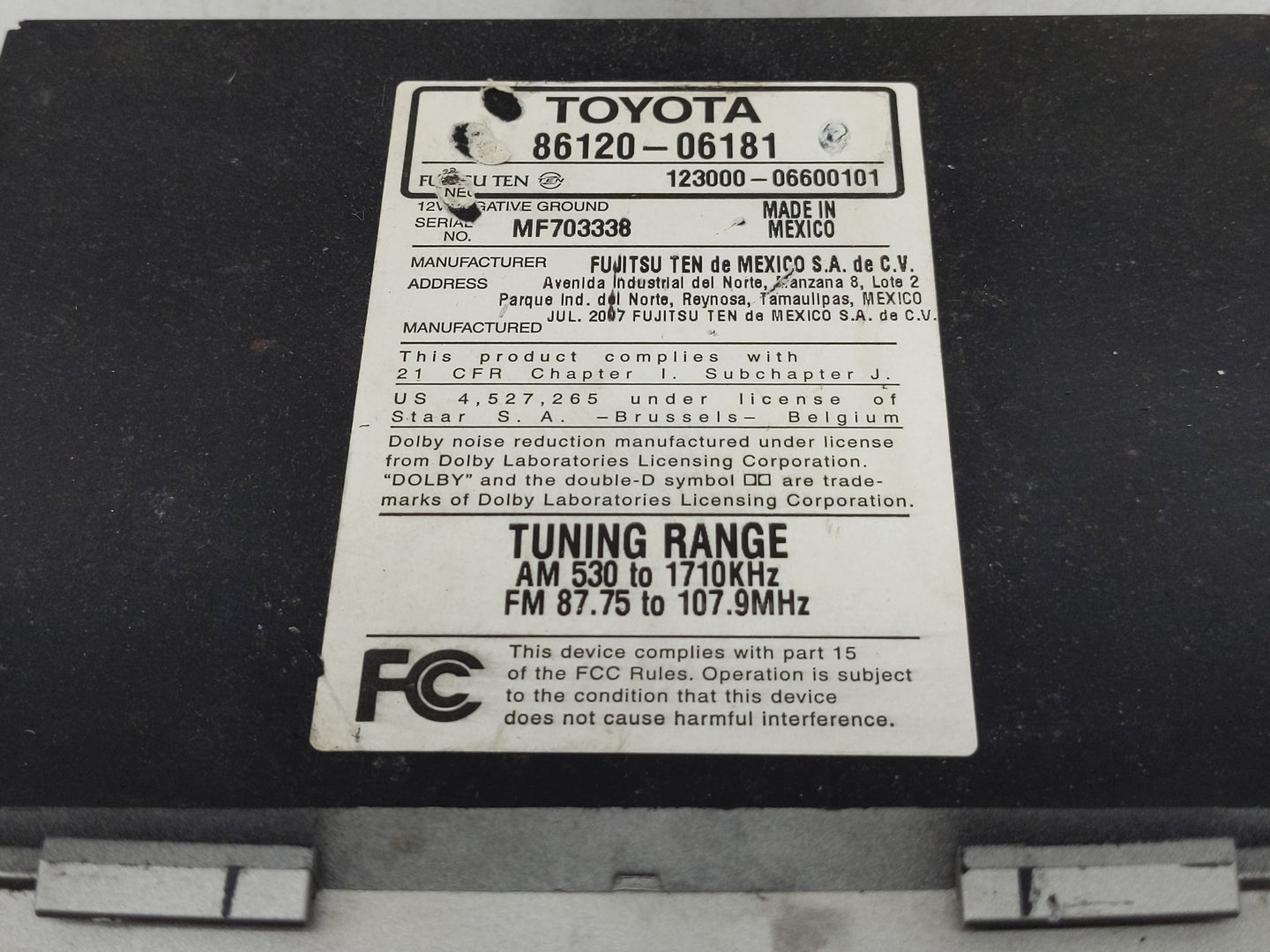 2007-2009 Toyota Camry Radio AM FM Cd Player Receiver Replacement P/N:86120-06180 Fits Fits 2007 2008 2009 OEM Used Auto Par