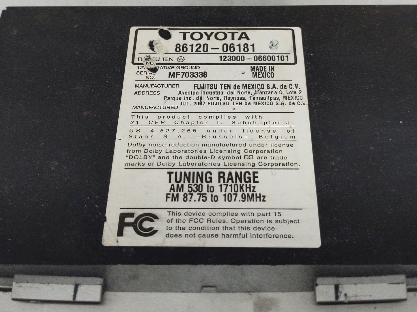 2007-2009 Toyota Camry Radio AM FM Cd Player Receiver Replacement P/N:86120-06180 Fits Fits 2007 2008 2009 OEM Used Auto Par
