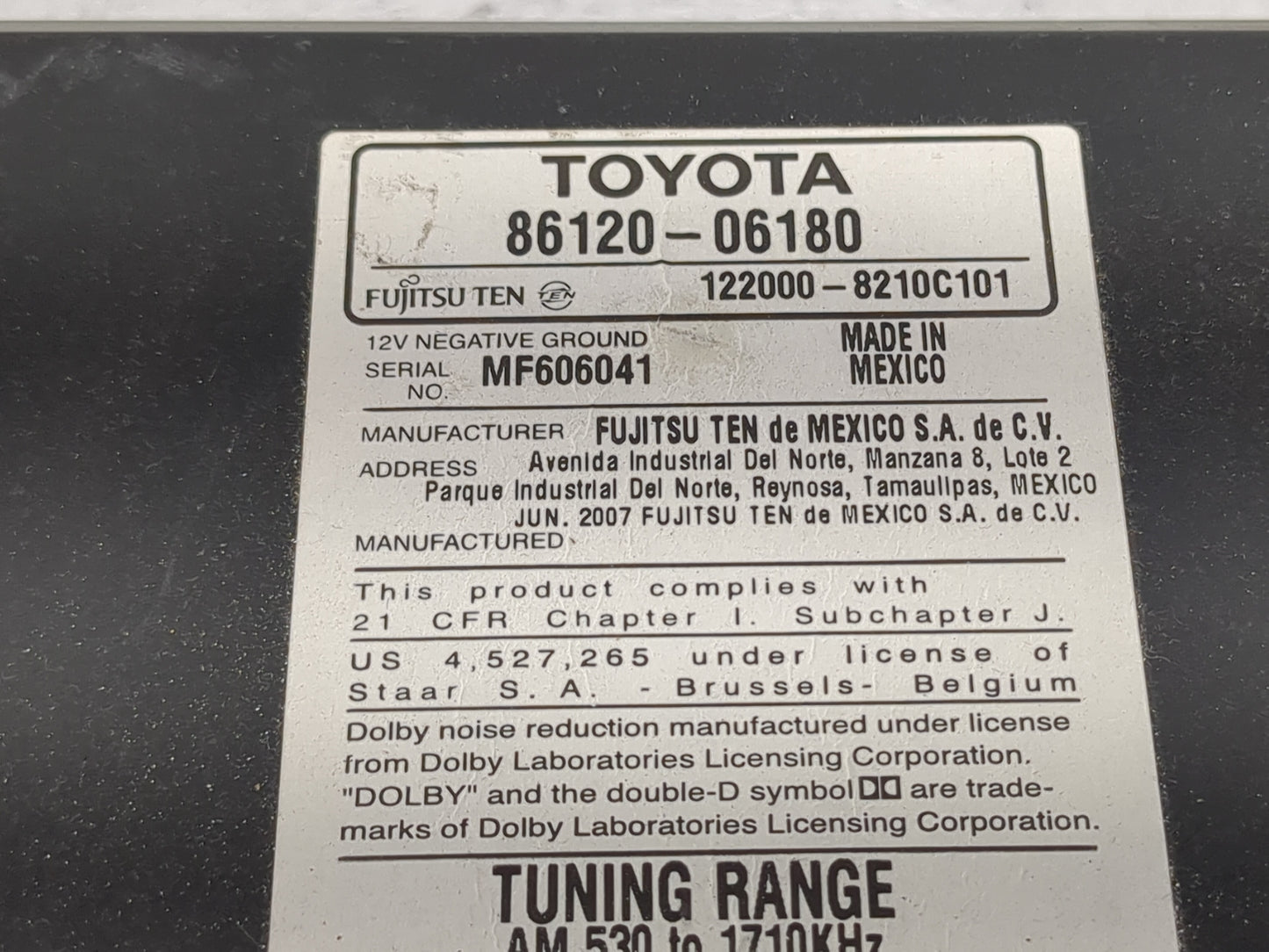 2007-2009 Toyota Camry Radio AM FM Cd Player Receiver Replacement P/N:86120-06180 Fits Fits 2007 2008 2009 OEM Used Auto Par