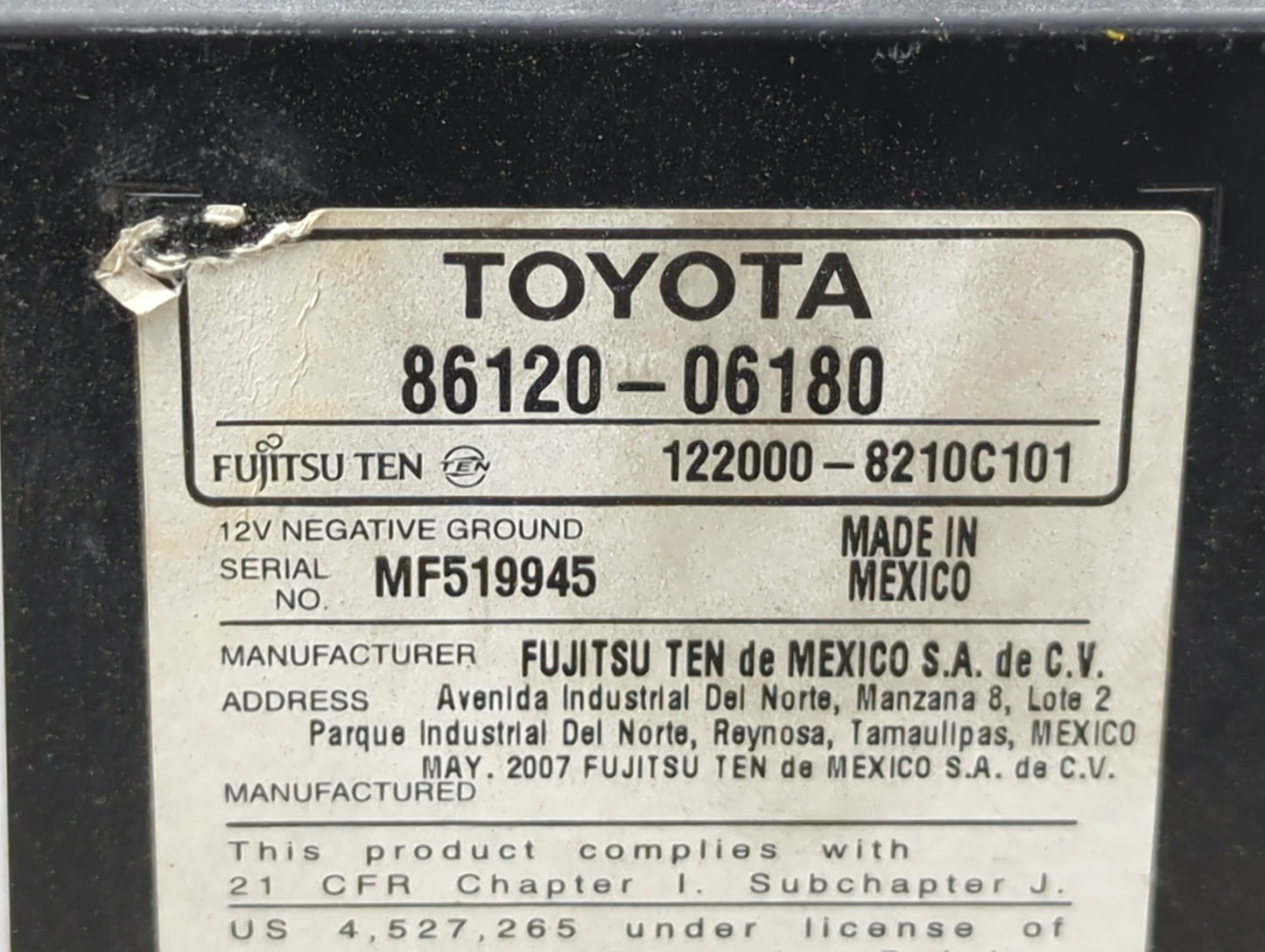 2007-2009 Toyota Camry Radio AM FM Cd Player Receiver Replacement P/N:86120-06180 122000-8210C101 Fits Fits 2007 2008 2009 O