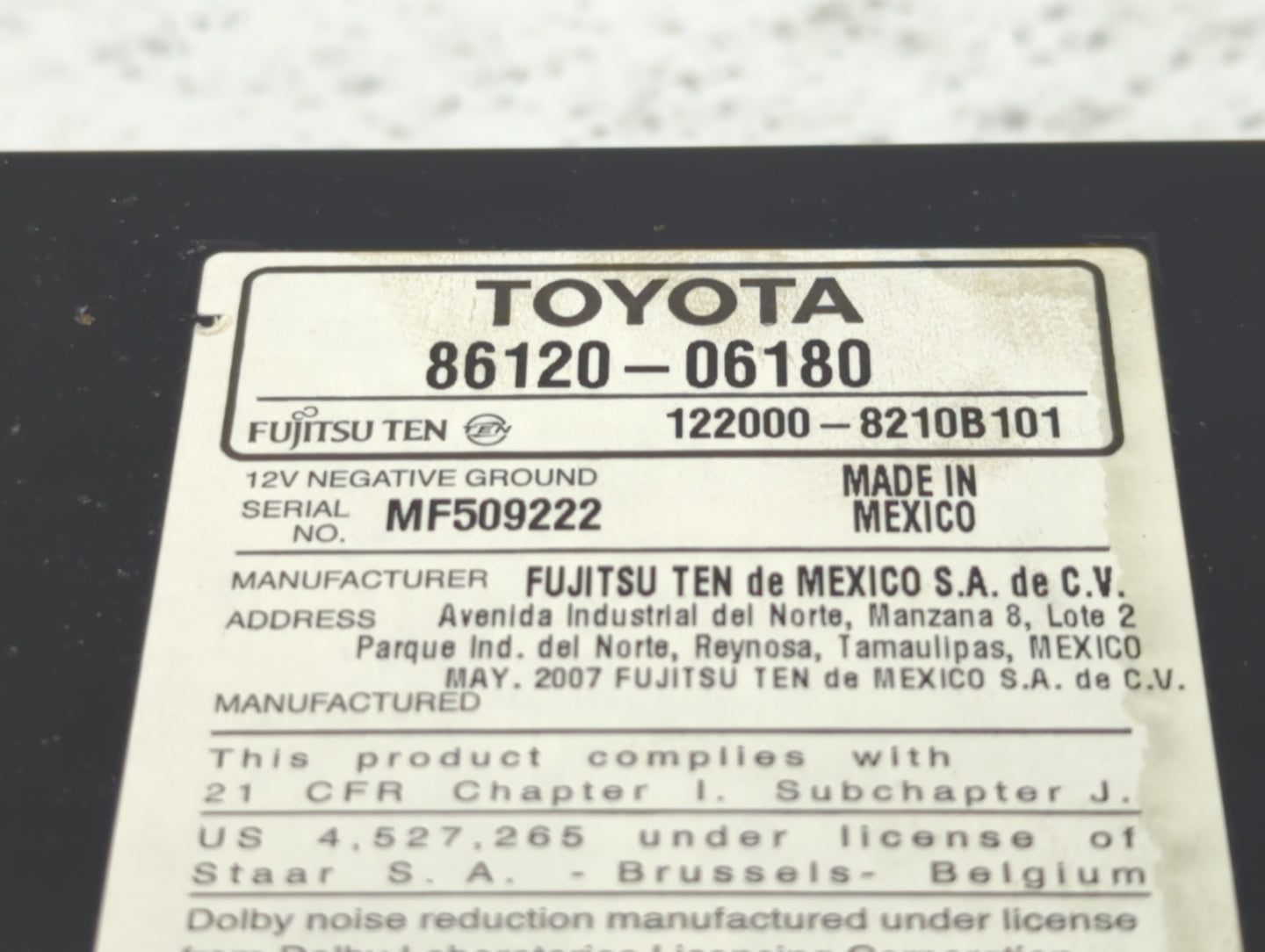 2007-2009 Toyota Camry Radio AM FM Cd Player Receiver Replacement P/N:86120-06180 Fits Fits 2007 2008 2009 OEM Used Auto Par