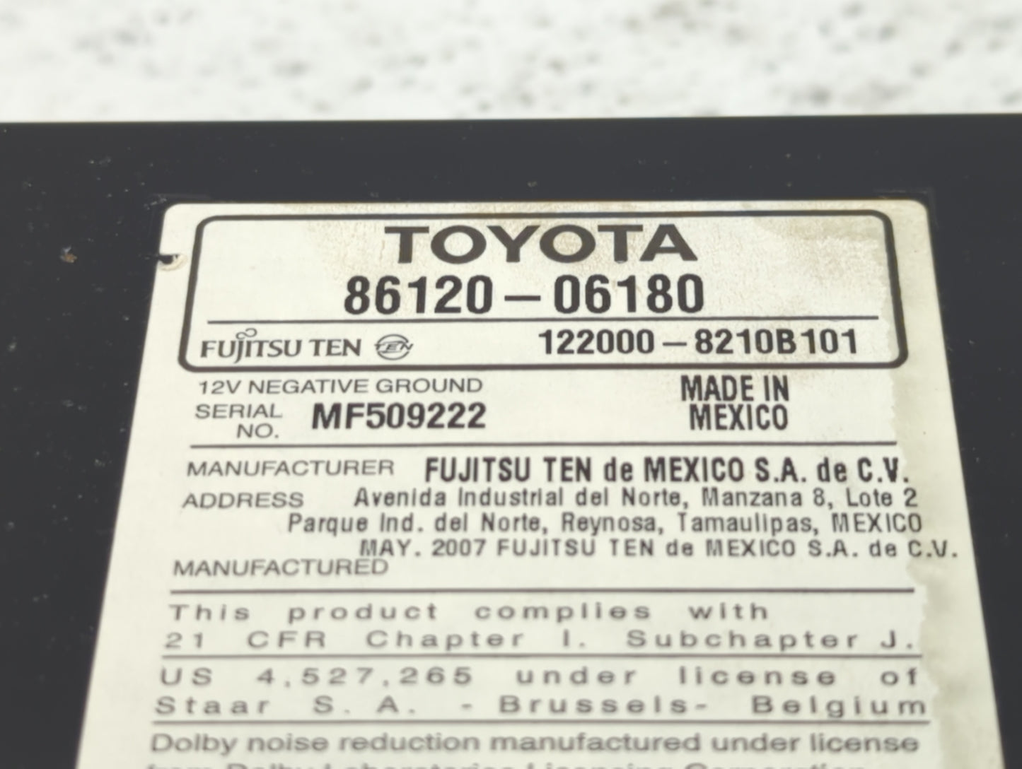 2007-2009 Toyota Camry Radio AM FM Cd Player Receiver Replacement P/N:86120-06180 Fits Fits 2007 2008 2009 OEM Used Auto Par