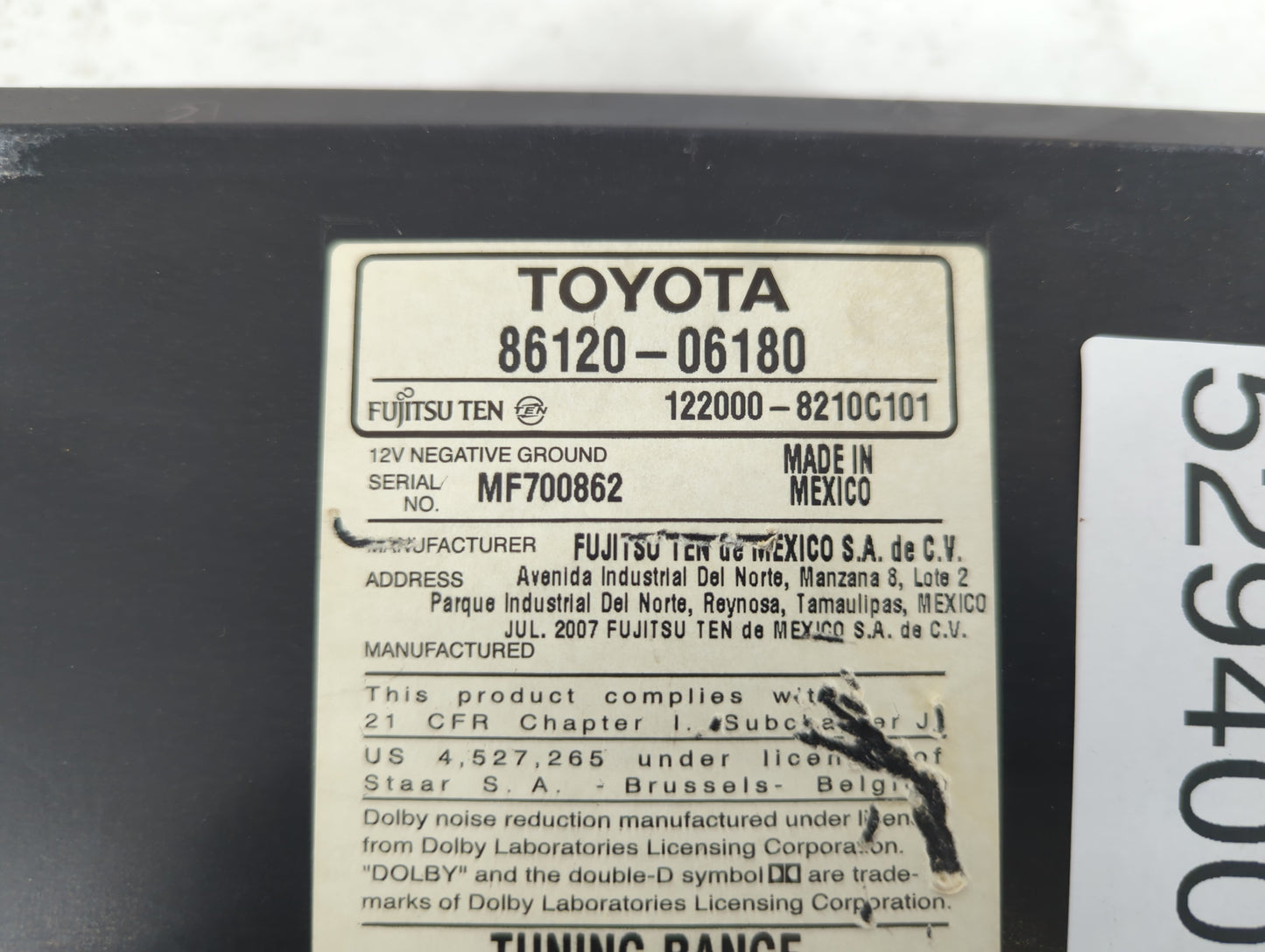2007-2009 Toyota Camry Radio AM FM Cd Player Receiver Replacement P/N:86120-06180 Fits Fits 2007 2008 2009 OEM Used Auto Par