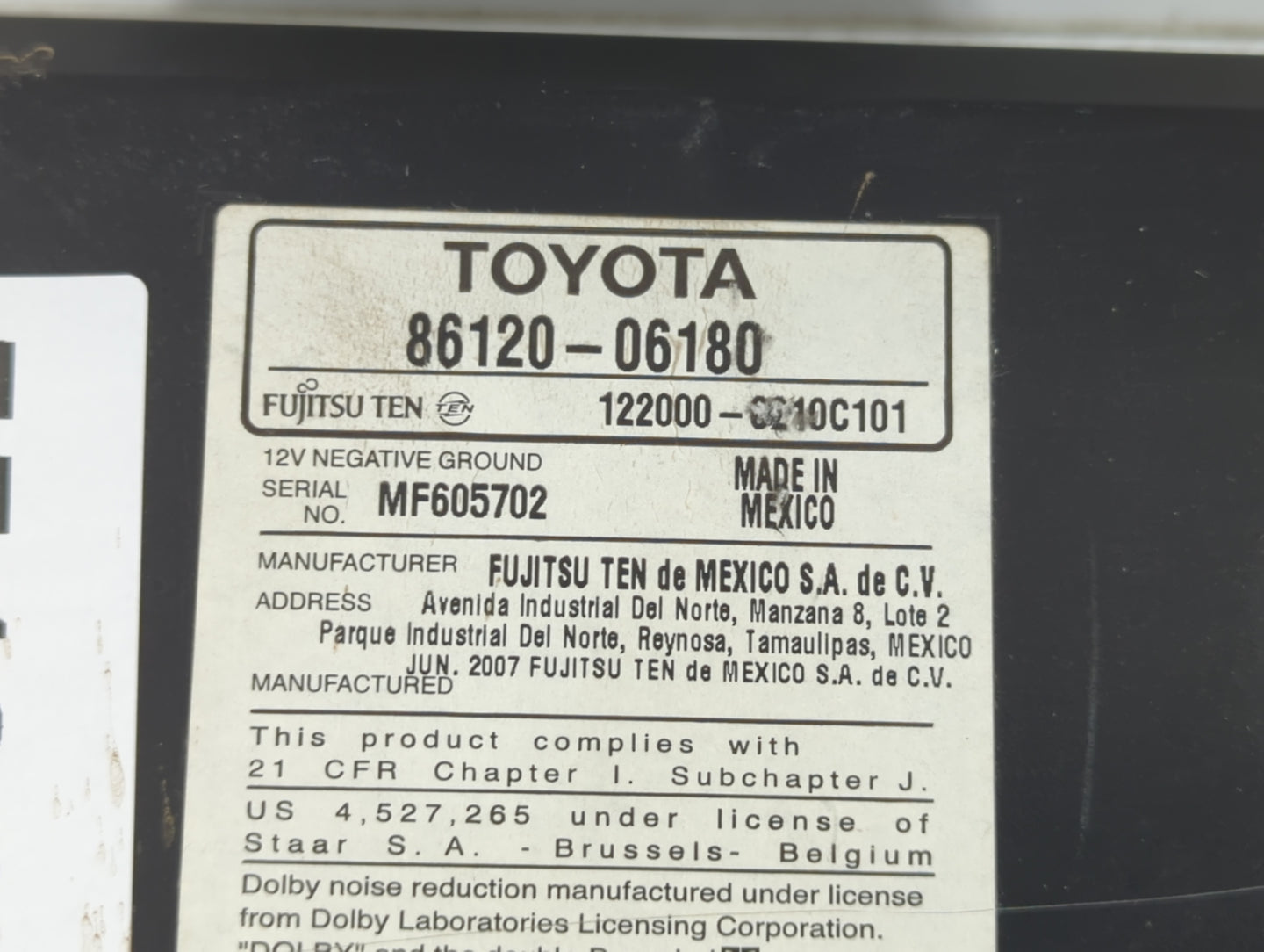 2007-2009 Toyota Camry Am Fm Cd Player Radio Receiver - Oemusedautoparts1.com