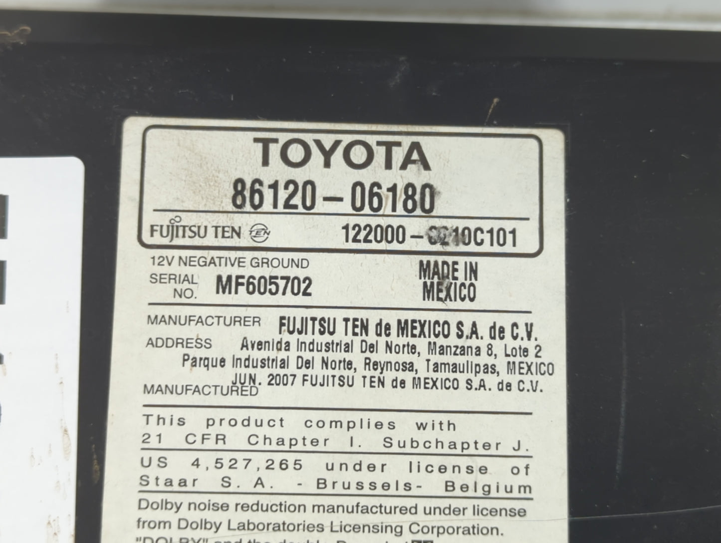 2007-2009 Toyota Camry Am Fm Cd Player Radio Receiver - Oemusedautoparts1.com