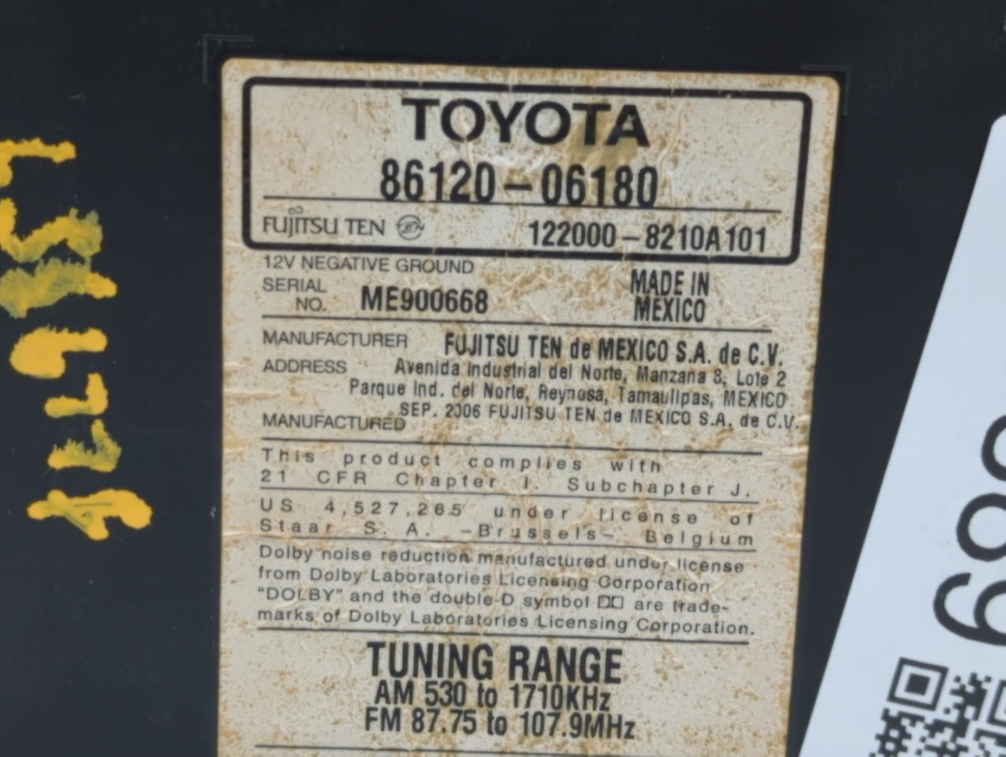 2007-2009 Toyota Camry Radio AM FM Cd Player Receiver Replacement P/N:86120-06180 Fits Fits 2007 2008 2009 OEM Used Auto Par