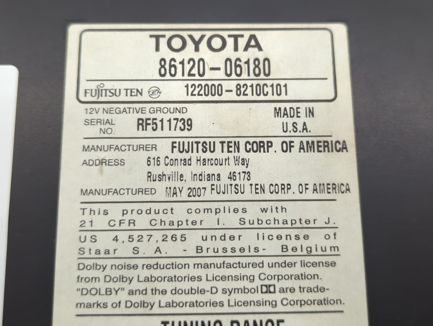 2007-2009 Toyota Camry Radio AM FM Cd Player Receiver Replacement P/N:88120-06180 Fits Fits 2007 2008 2009 OEM Used Auto Par
