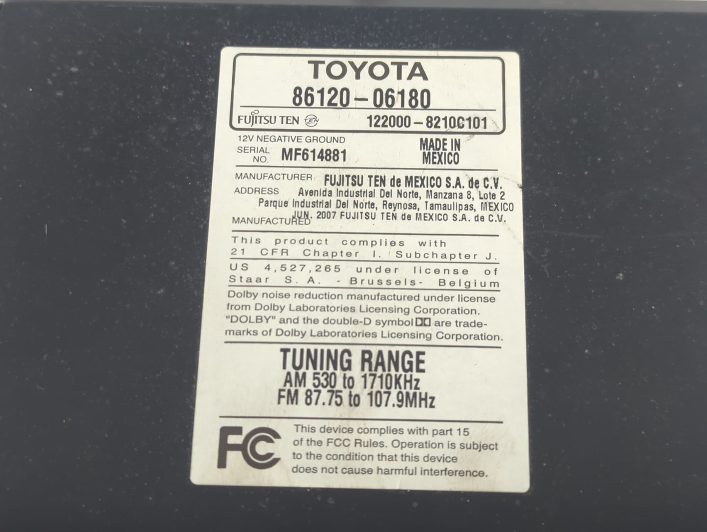 2007-2009 Toyota Camry Am Fm Cd Player Radio Receiver - Oemusedautoparts1.com