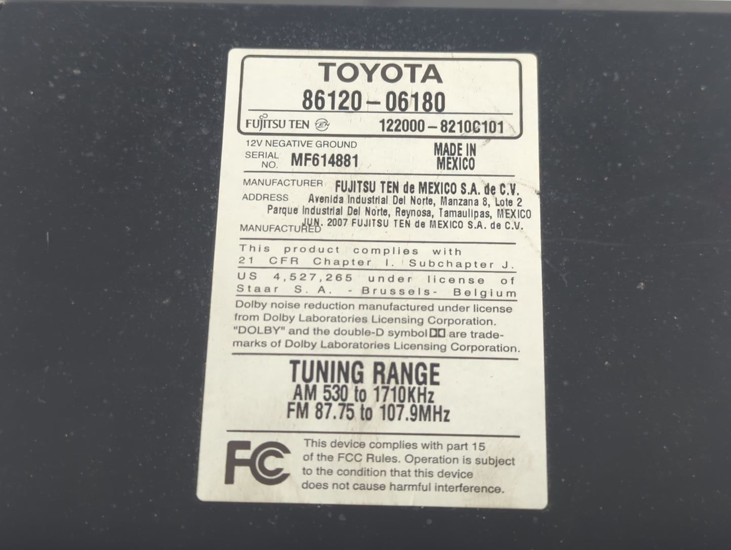 2007-2009 Toyota Camry Am Fm Cd Player Radio Receiver - Oemusedautoparts1.com