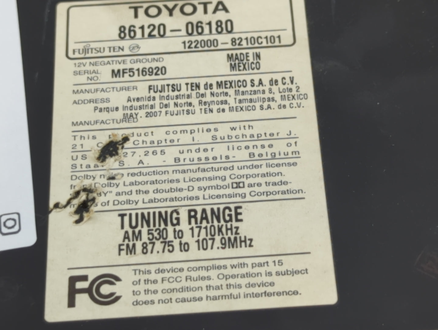 2007-2009 Toyota Camry Am Fm Cd Player Radio Receiver - Oemusedautoparts1.com
