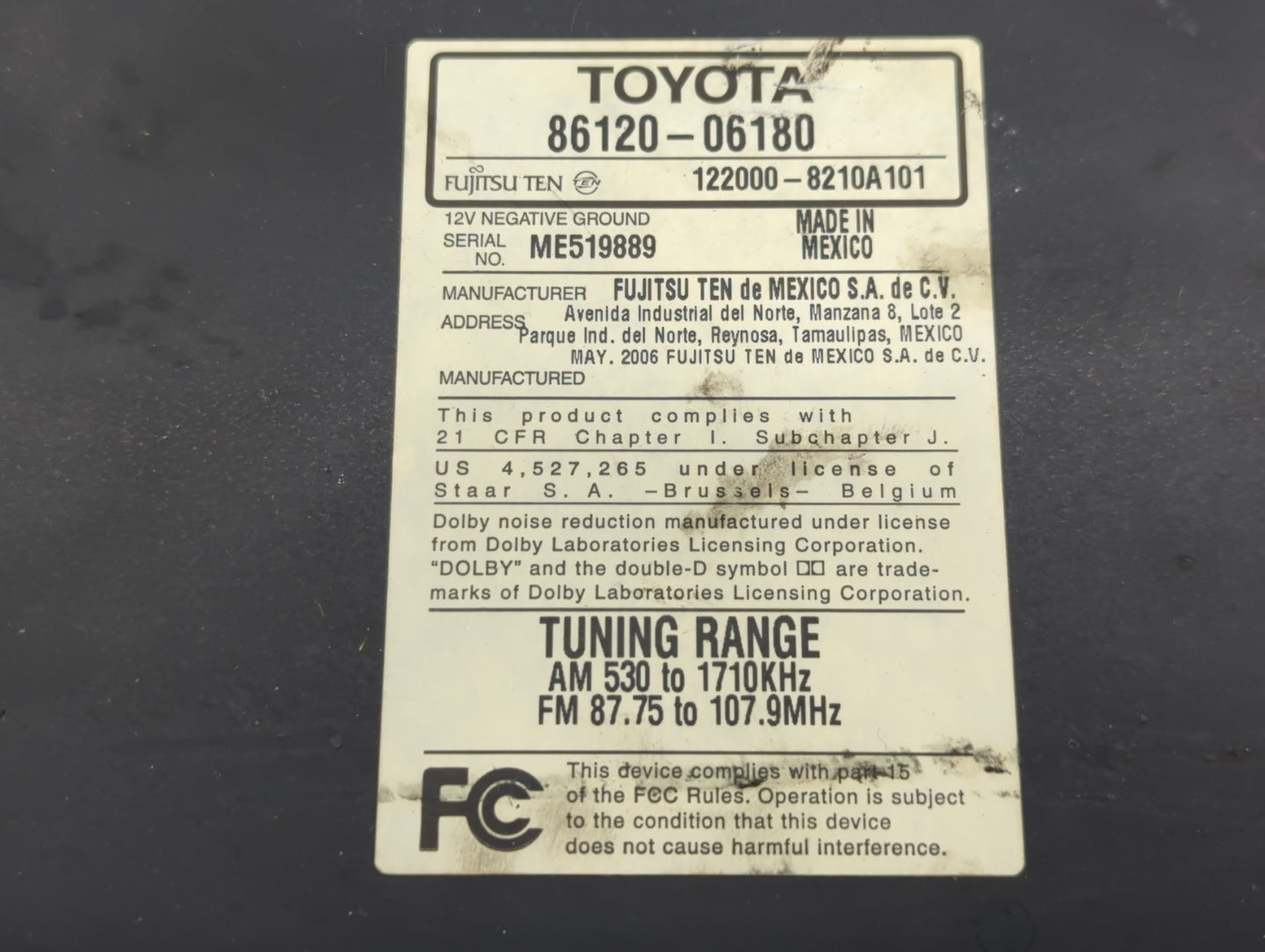 2007-2009 Toyota Camry Radio AM FM Cd Player Receiver Replacement P/N:86120-06180 Fits Fits 2007 2008 2009 OEM Used Auto Par