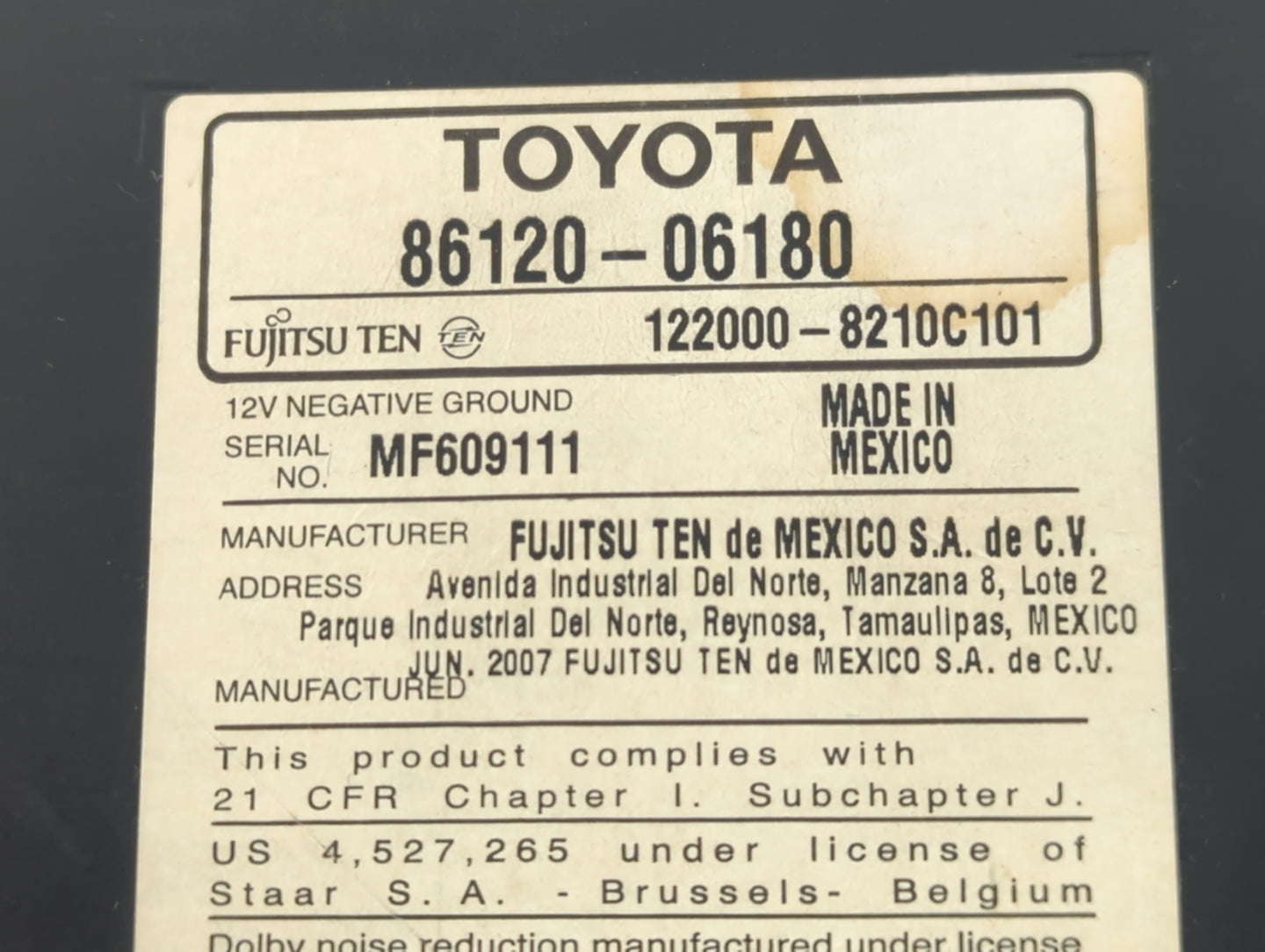2007-2009 Toyota Camry Radio AM FM Cd Player Receiver Replacement P/N:86120-06180 Fits Fits 2007 2008 2009 OEM Used Auto Par