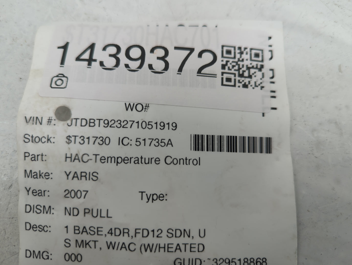 2007-2008 Toyota Yaris Climate Control Module Temperature AC/Heater Replacement Fits Fits 2007 2008 OEM Used Auto Parts - Oe
