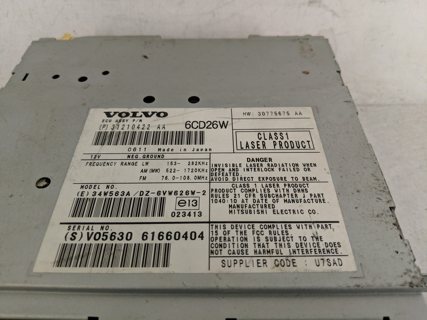 2007-2009 Volvo Xc90 Radio AM FM Cd Player Receiver Replacement P/N:31210422 AA Fits Fits 2007 2008 2009 OEM Used Auto Parts