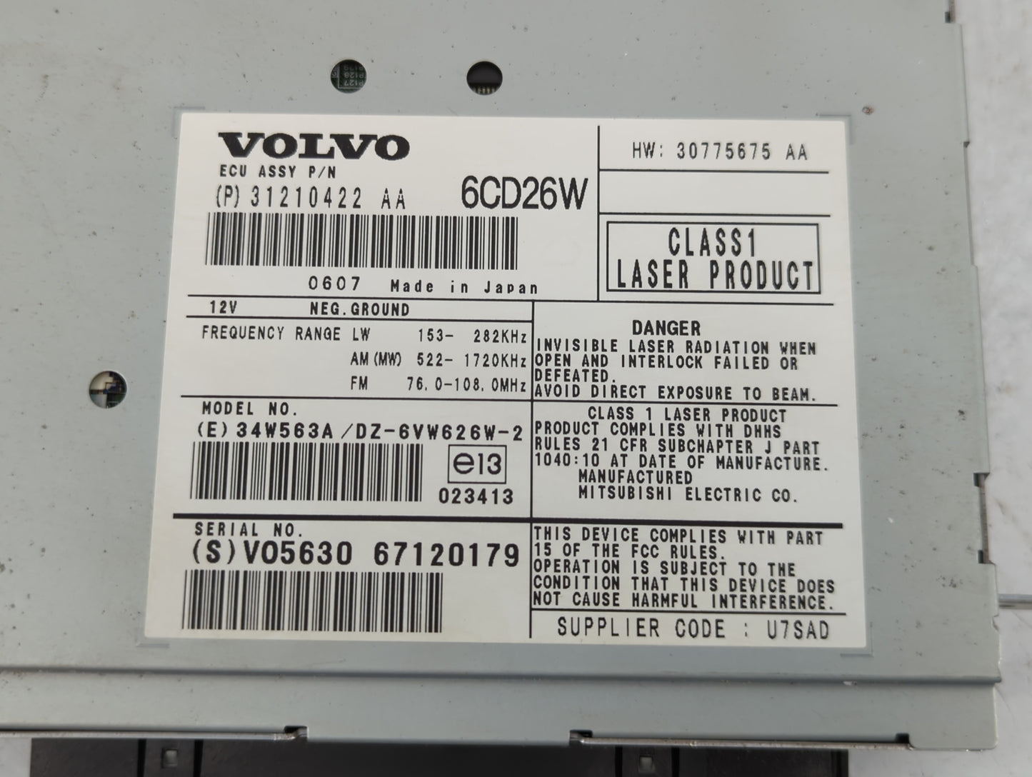 2007-2009 Volvo Xc90 Radio AM FM Cd Player Receiver Replacement P/N:31210422 AA Fits Fits 2007 2008 2009 OEM Used Auto Parts
