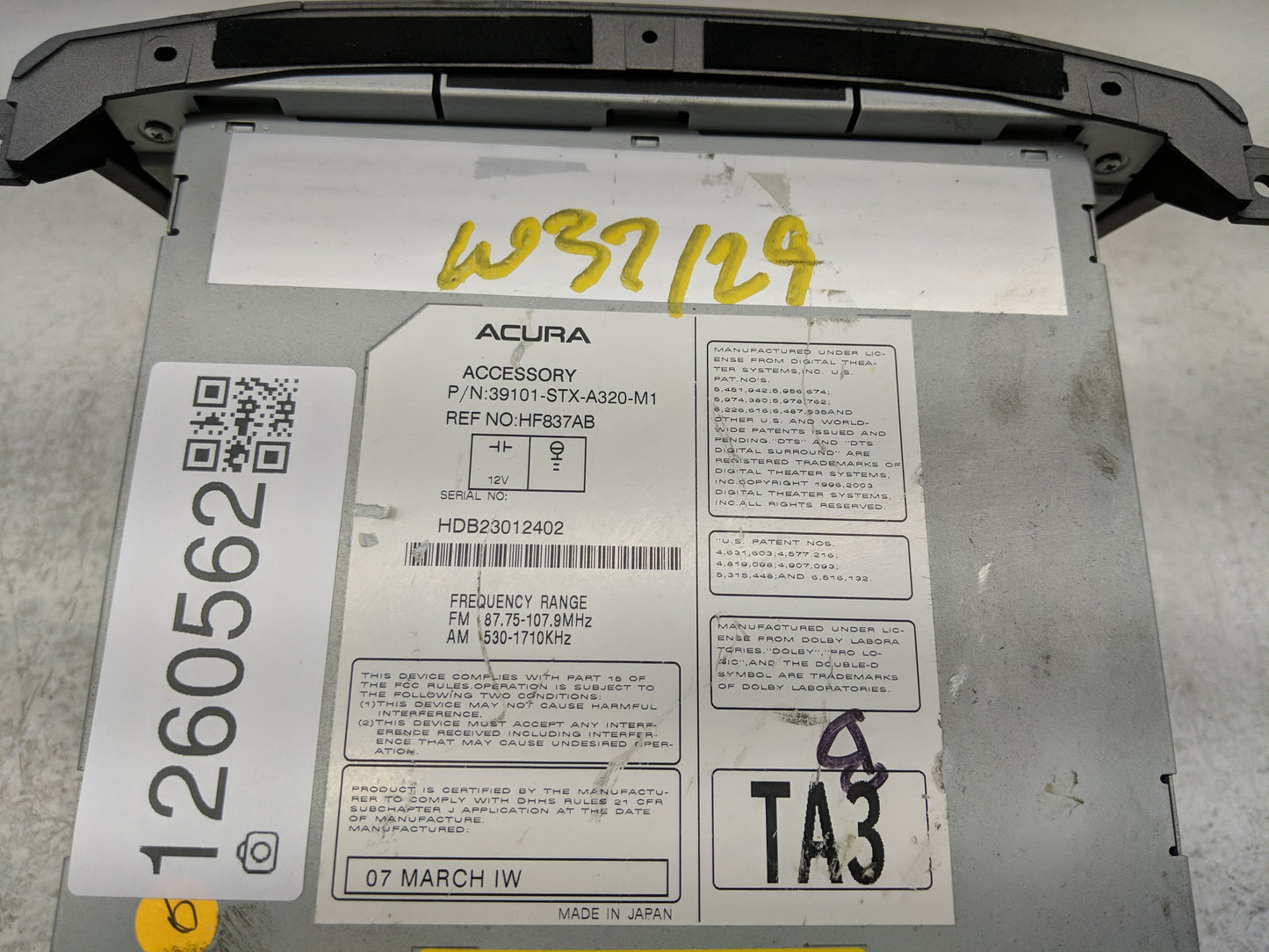 2007-2009 Acura Mdx Radio AM FM Cd Player Receiver Replacement P/N:39101-STX-A330-M1 Fits Fits 2007 2008 2009 OEM Used Auto 