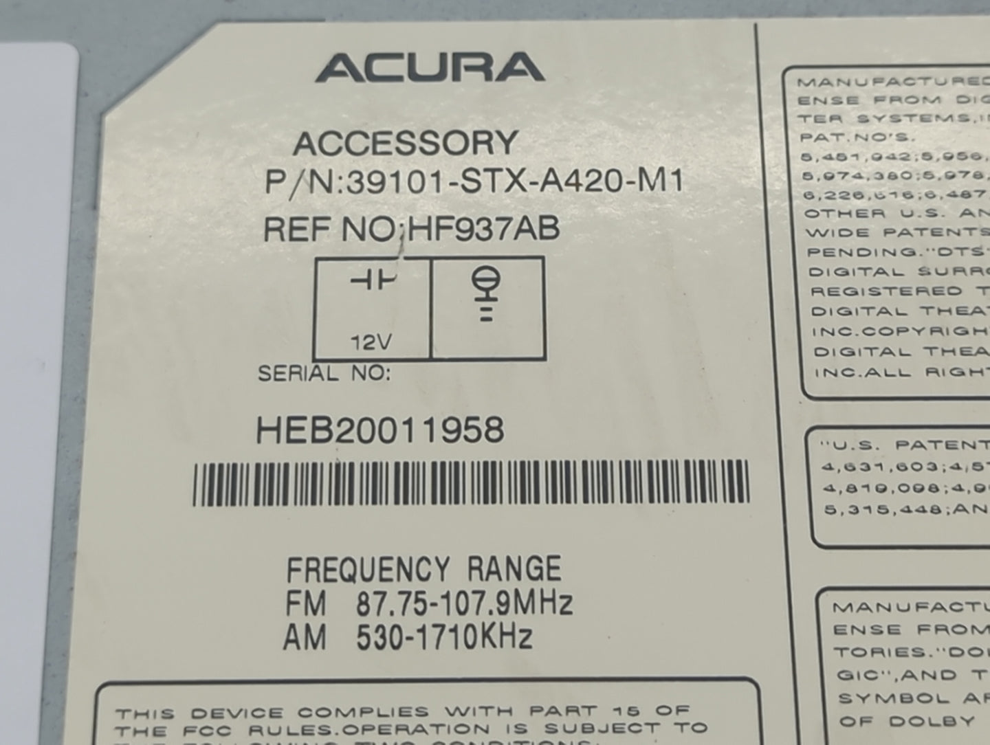 2007-2009 Acura Mdx Radio AM FM Cd Player Receiver Replacement P/N:39101-STX-A420-M1 HF937AB Fits Fits 2007 2008 2009 OEM Us