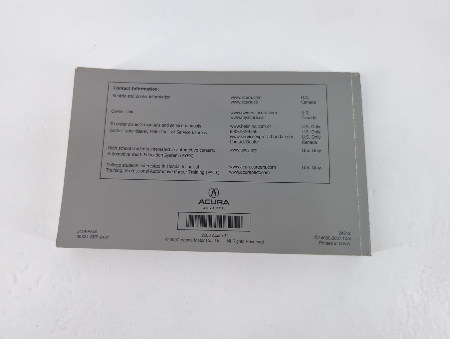 2008 Acura Tl Owners Manual Book Guide P/N:00X31-SEP-6401 31SEP640 OEM Used Auto Parts - Oemusedautoparts1.com