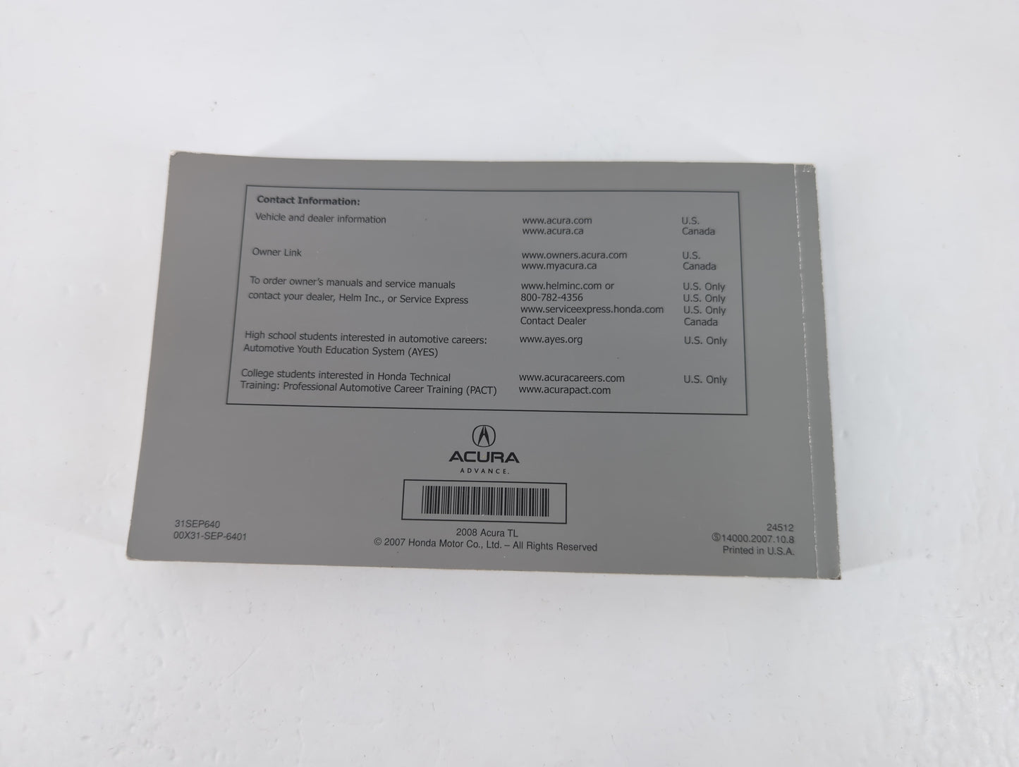 2008 Acura Tl Owners Manual Book Guide P/N:00X31-SEP-6401 31SEP640 OEM Used Auto Parts - Oemusedautoparts1.com