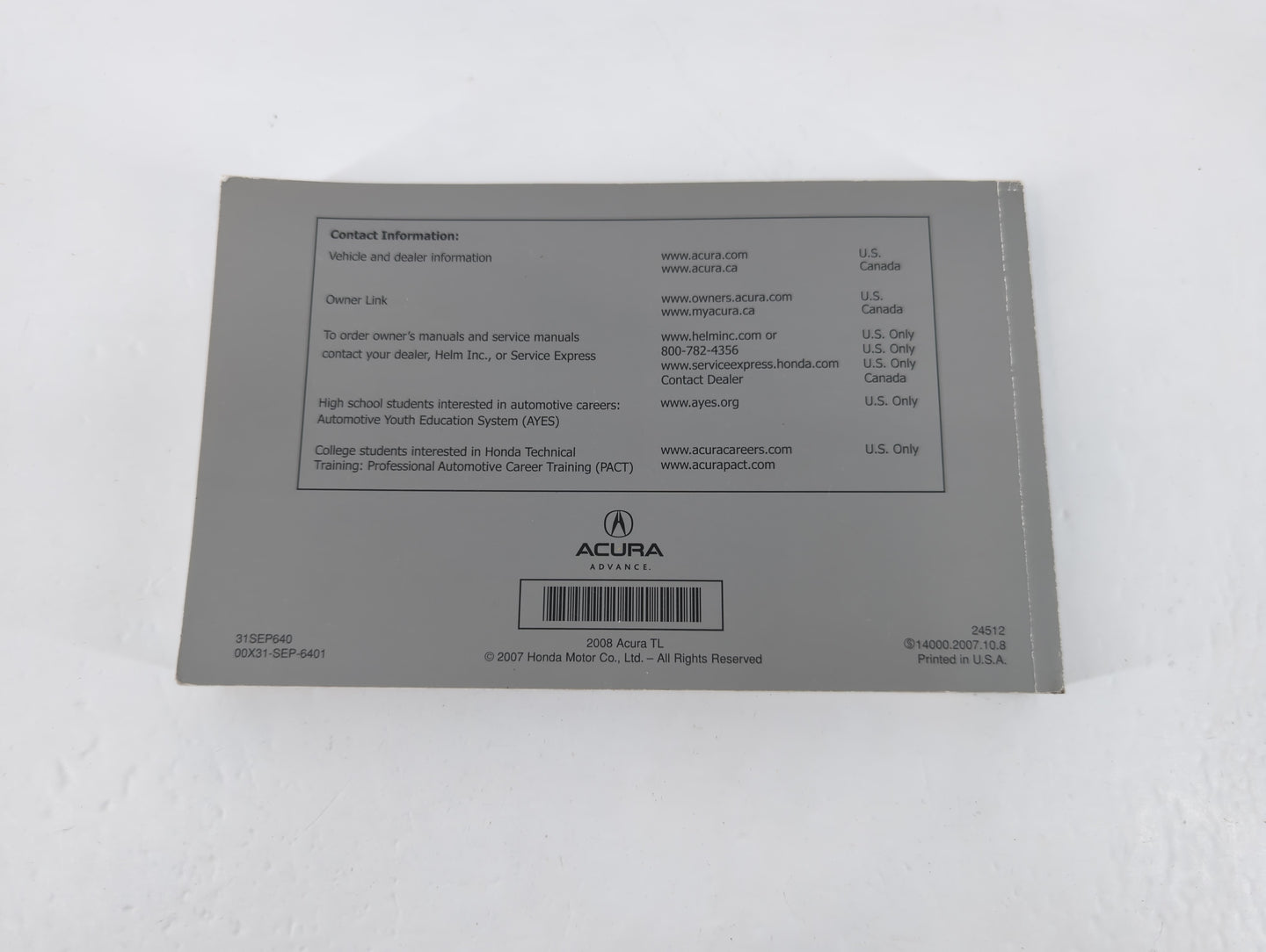 2008 Acura Tl Owners Manual Book Guide P/N:00X31-SEP-6401 31SEP640 OEM Used Auto Parts - Oemusedautoparts1.com