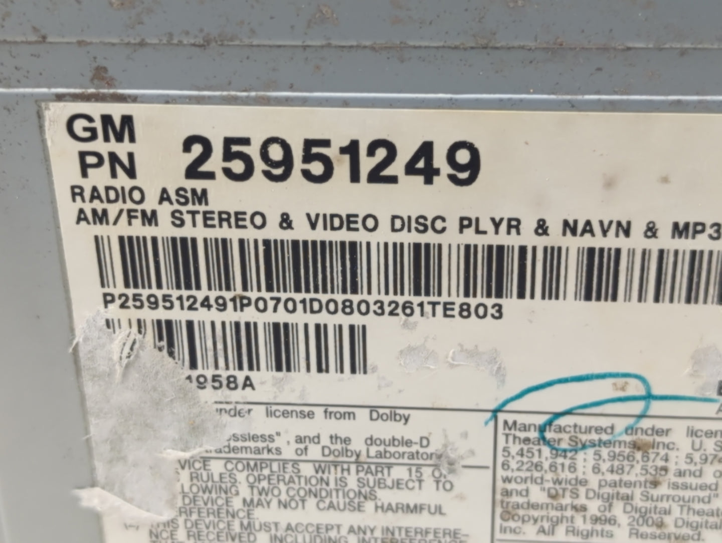 2008-2011 Cadillac Cts Radio AM FM Cd Player Receiver Replacement P/N:25951249 Fits Fits 2008 2009 2010 2011 OEM Used Auto P