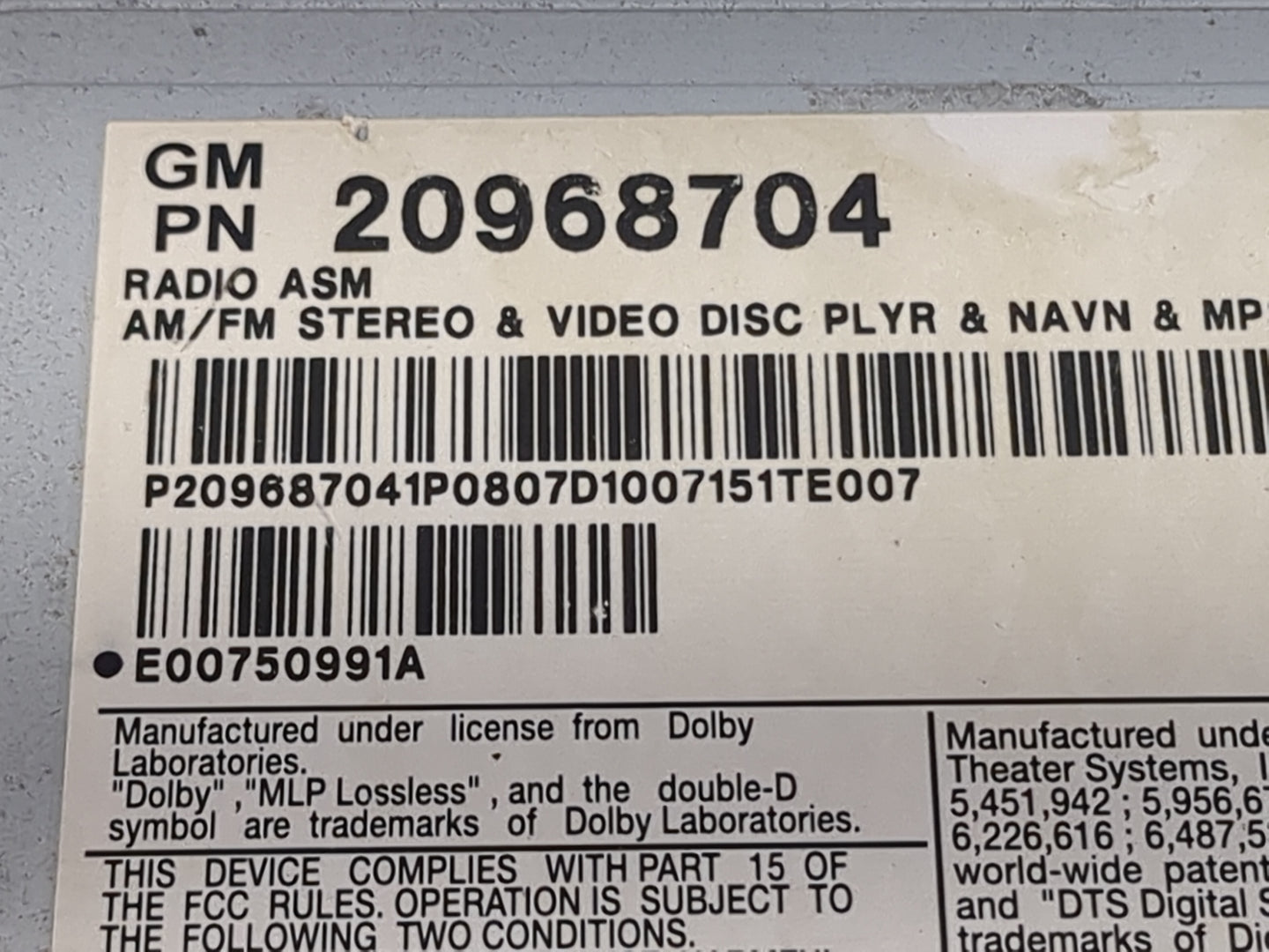 2008-2011 Cadillac Cts Radio AM FM Cd Player Receiver Replacement P/N:20968704 07XX614NDV Fits Fits 2008 2009 2010 2011 OEM 