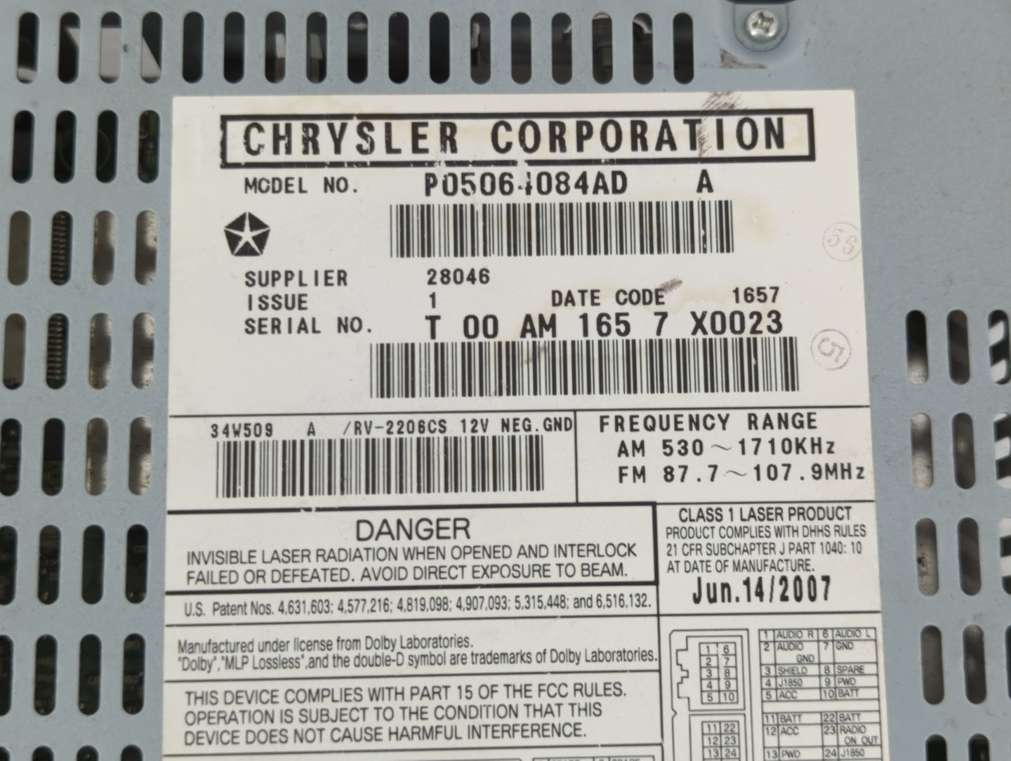 2007-2008 Chrysler Pacifica Radio AM FM Cd Player Receiver Replacement P/N:P05064084AD Fits Fits 2007 2008 OEM Used Auto Par