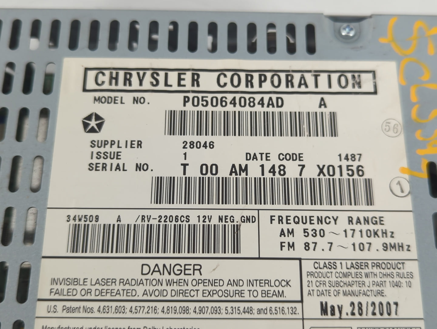 2007-2008 Chrysler Pacifica Radio AM FM Cd Player Receiver Replacement P/N:P05064084AD Fits Fits 2007 2008 OEM Used Auto Par