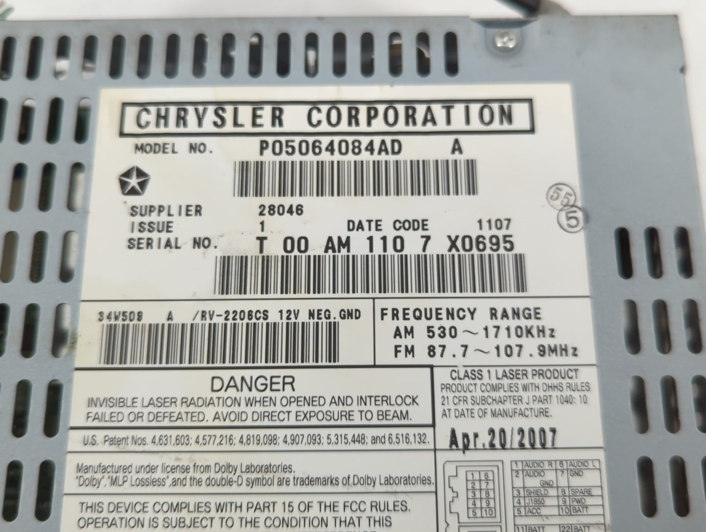 2008 Chrysler Pacifica Am Fm Cd Player Radio Receiver - Oemusedautoparts1.com