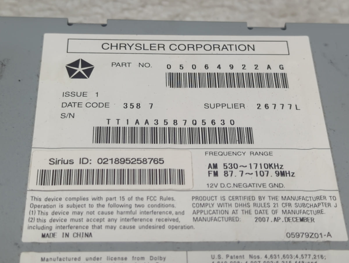 2007-2010 Chrysler Sebring Radio AM FM Cd Player Receiver Replacement P/N:05064922AG Fits Fits 2007 2008 2009 2010 OEM Used 