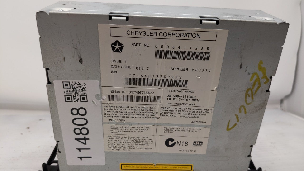 2007-2008 Chrysler Sebring Radio AM FM Cd Player Receiver Replacement Fits OEM Used Auto Parts - Oemusedautoparts1.com