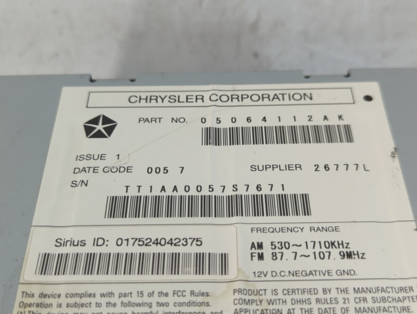 2008 Chrysler Sebring Radio AM FM Cd Player Receiver Replacement P/N:05064112AK Fits OEM Used Auto Parts - Oemusedautoparts1