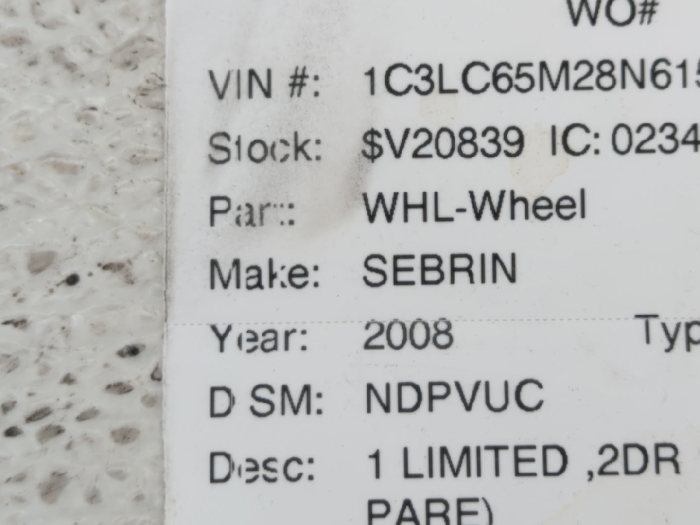 2007-2010 Chrysler Sebring Spare Donut Tire Wheel Rim Oem - Oemusedautoparts1.com